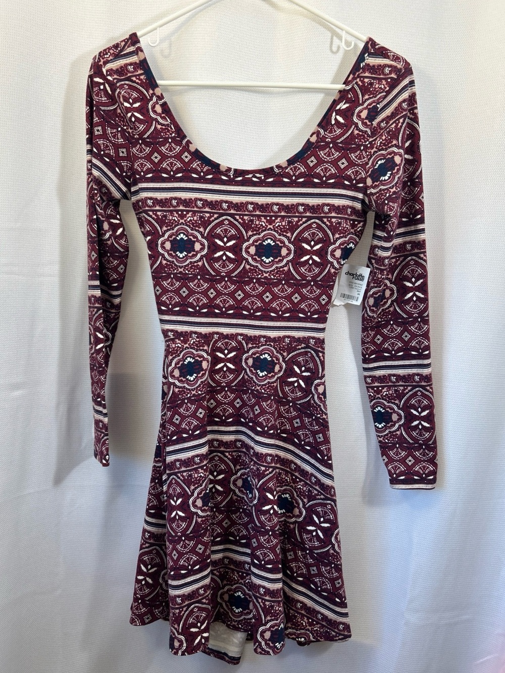 Charlotte Russe Burgundy Patterned Long Sleeve Fit & Flare Dress Vintage Y2K